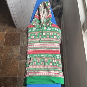 Festive, Fleece-lined Green and Red Hooded Sweater